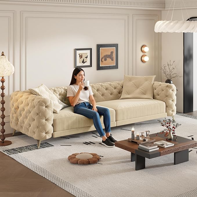 Ball &amp Cast 3-in-1 Convertible Sleeper Sofa with Movable Ottoman97.7 Velvet Pull Out Sofa Bed Modern Button Tufted 4-Seater Sofa Couch with Deep Seat for Living Room ApartmentOfficeApricot