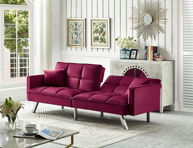 Legend Vansen 80'' Velvet Love seat Convertible Futon Two Pillows Sleeper Couch with 3 Adjustable Backrests Sofa Bed Large Sleeping Area Sofabed Red