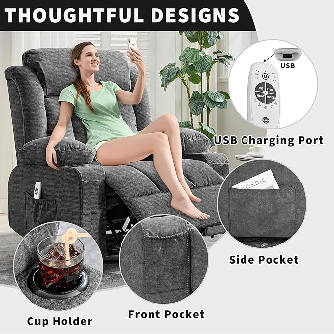 GarveeHome Rocker Swivel Recliner Chair with Heat Massage Large Wide Rocking Lazy Boy Single Sofa Seat with 3 Positions 2 Side Pockets Cup Holders USB Ports Remote Control (Gary)