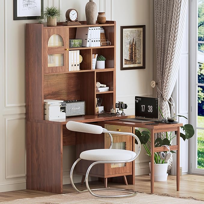 Computer Desk with 90 Degree Rotating DesktopOffice Desk with Storage Drawer and Cabinets Gaming Writing Desk for Study Home Office Bedroom Living (Walnut/90)