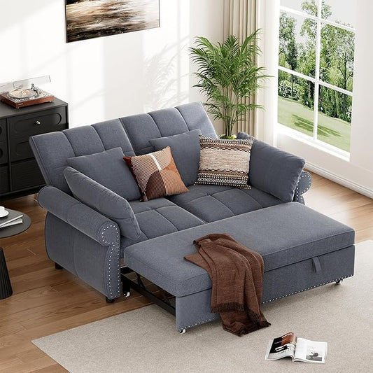 3 in 1 Sofa Bed 61 Inch Convertible Pull out Couch with Four Pillows Loveseat Sleeper Sofa with Adjustable Backrest Sofa Couches for Living Room Bedroom Apartment Chenille Fabric Grey