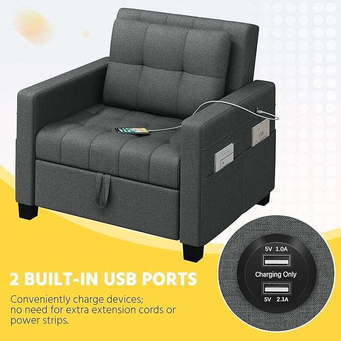 Yaheetech Sleeper Sofa Bed Convertible Chair Bed 3 in 1 Pull Out Sofa with Adjustable Backrest &amp USB and Type C Charging Ports for Living Room Office Bedroom Apartment Dark Gray