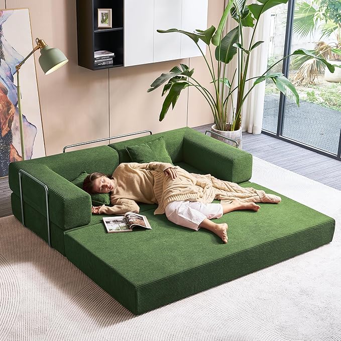 YINIX Foldable Sofa Bed 78'' Folding Floor Couch Compressed Convertable Sleeper Sofa Memory Foam Couch with Pillow Back Support Armrest 4-in-1 Futon Sofa Bed for Living Room Green