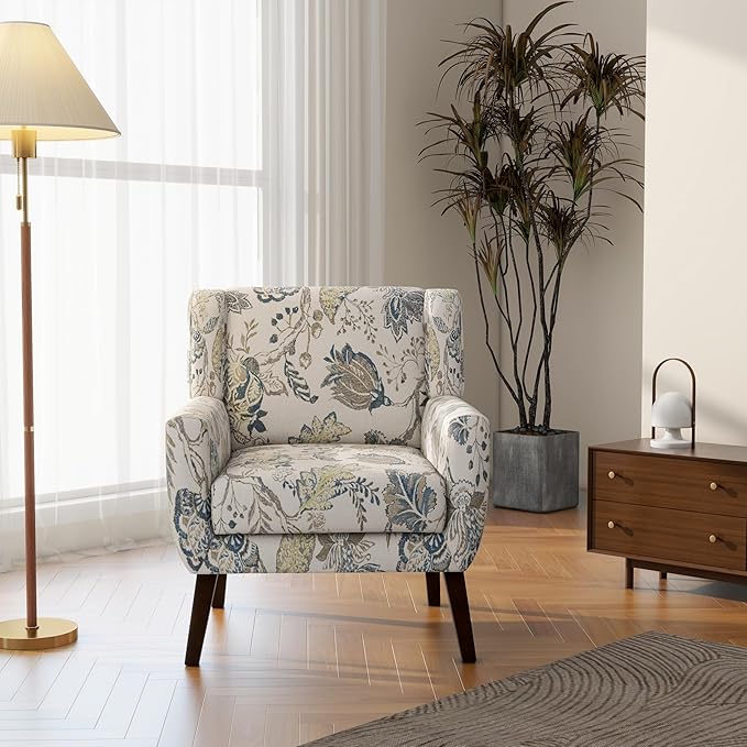 Accent Chair Modern Linen Blend Arm Chair for Living Room Bedroom Comfy High-Resilient Sponge Reading Chair for Small Spaces (Pattern Leaf Set of 1)