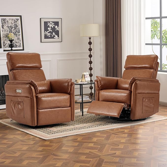 Power Recliner Rocking Chair Nursery Gliders with Adjustable Armrests and Headrest Swivel Electric Glider Reclining Nursing Chair with USB Port and Storage Bags FSC Certified (Leather Brown)