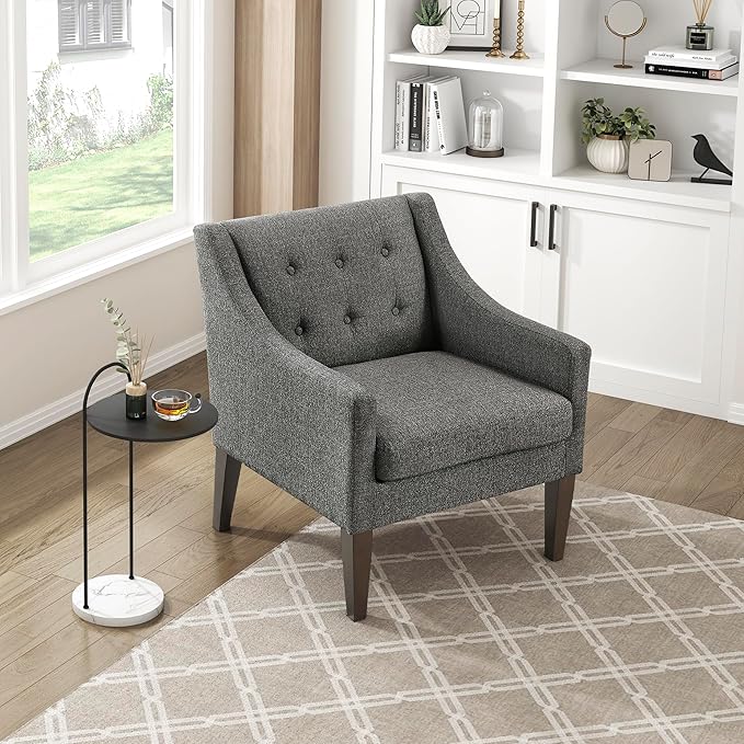 Lexicon Living Room Accent Chair Textured Fabric Upholstered Arm Chair with Button Tufted Back Sloped Arms and Wooden Legs Dark Gray