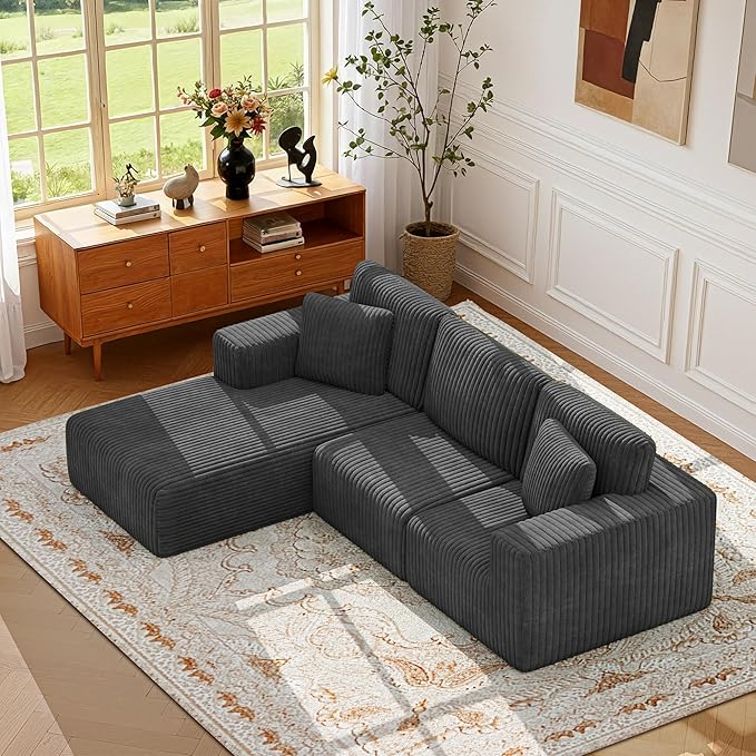 KINGYES 107'' Modular Sectional Sofa L Shaped Cloud Couch for Living Room Modern Plush Corduroy Boneless Sofa with Chaise for Bedroom Gray
