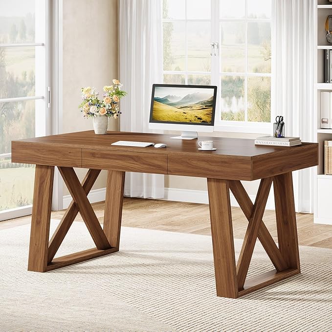 Tribesigns 55 Wide Desktop Executive Desk with Drawer Retro Brown Computer Office Desk Modern Wood Business Workstation Table for Home Office