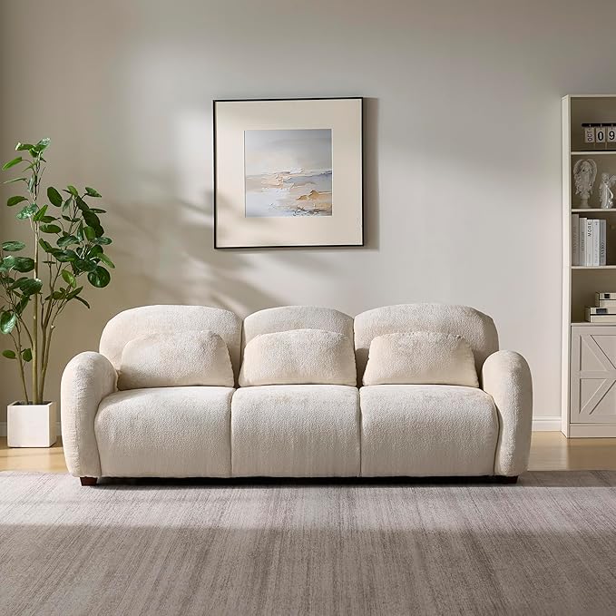 Christopher Knight Home Perla Modern Fabric Upholstered 3 Seater Sofa Couch with Pillow Wooden Home Sofa Living Room Comfy Cloud Couch for Bedroom Apartment Home Office Light Beige