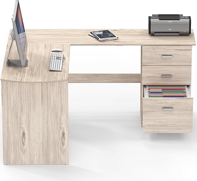 SHW 51 x 59 Inches L-Shaped Home Office Wood Corner Desk with Box Box File Drawers Maple