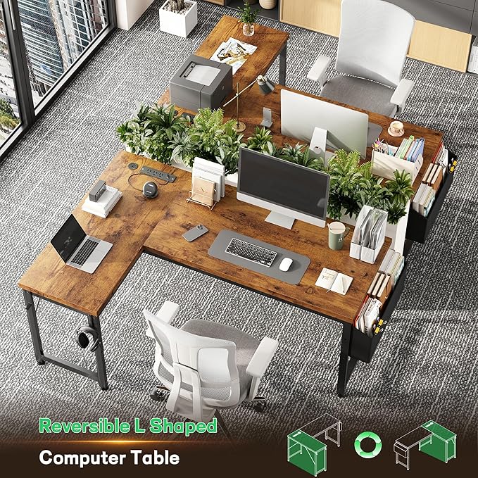 L Shaped Desk with 0.95 Inch Thicker Desktop &amp Storage Bag Computer Desk with Power Outlets &amp Lights Reversible Gaming Desk for Home Office Corner Desk Study Room Living Bedroom Brown