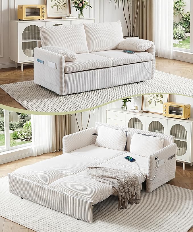 Queen Size Pull Out Couch Sleeper Sofa Bed Queen with USB Storage Pockets &amp Pillows 3-in-1 Modern Convertible Loveseat Couch Bed for Living Room Bedroom Office Apartment Corduroy(Beige)