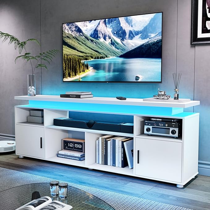 SUNCOZE TV Stand Entertainment Center with LED Lights and Cabinet for 70/75/80 Inch Modern TV Console Gaming Media Television Stands with Power Outlets for PS5 in Living Room and Bedroom White