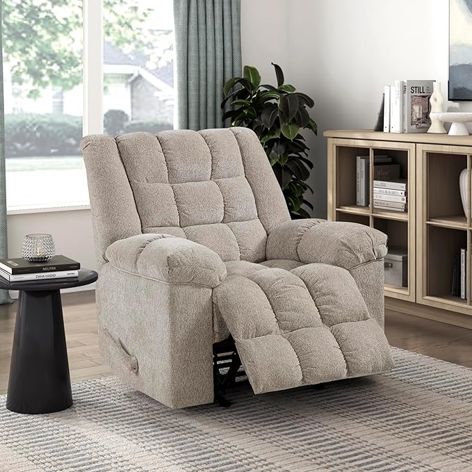 Lexicon Chenille Rocker Reclining Chair for Adults Rocker Pull Handle Recliner Nursery Chair for Living Room/Bedroom High Back Pillow Top Arms High Density Foam Cushions Light Brown