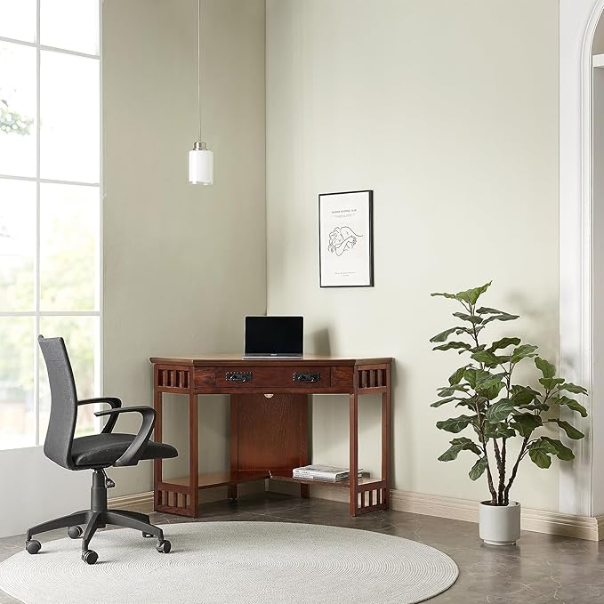 BOWERY HILL Home Office Corner Computer and Writing Desk in Mission Oak with Dropfront Drawer for Laptop and Keyboard