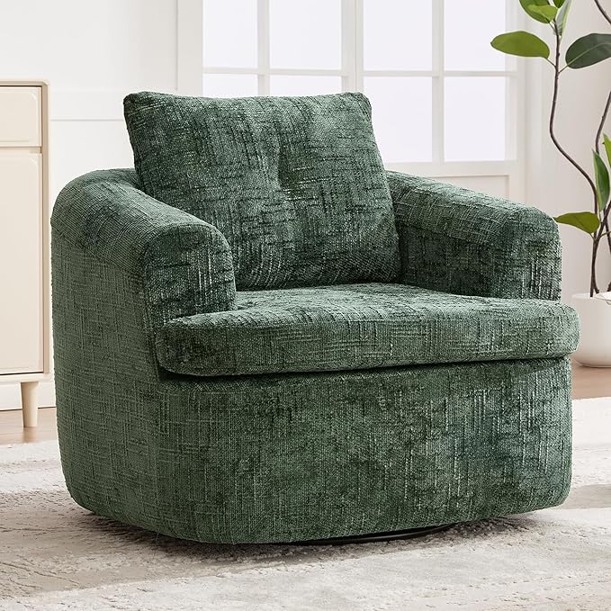 Merax 360° Swivel Sofa Chair Chenille Fabric Accent Barrel Chair 36.6 Swivel Round Chair with Dual-Layer Cushion Design for Living Room Bedroom Office and Hotel Green