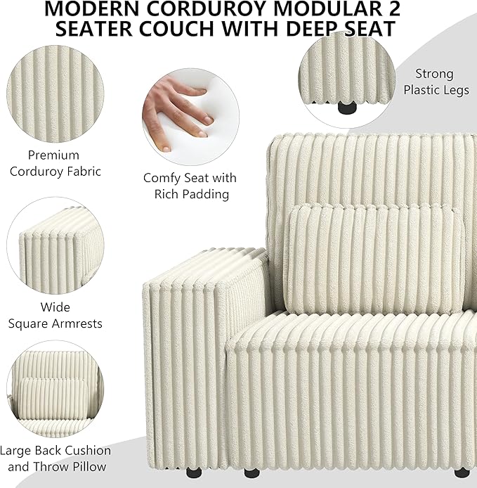 mikibama Modern Corduroy Loveseat 2 Seat Sofa CouchModular Sectional 2 Seater Sofas with PillowsDeep Love Seat Couches with Wide Square Arms for Living Room (Off White Loveseat)