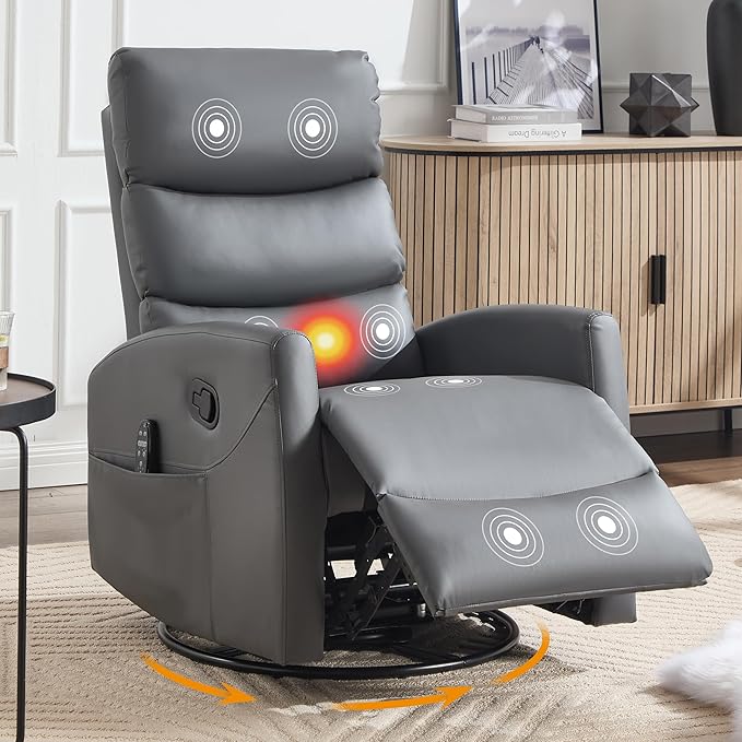 Manual Swivel Rocker Recliner Chair for Adults Overstuffed Reclining Glider Chair for Nursing with Vibration Massage &amp Heat Living Room Rocking Recliner 3-Stage backrest Faux Leather Gray