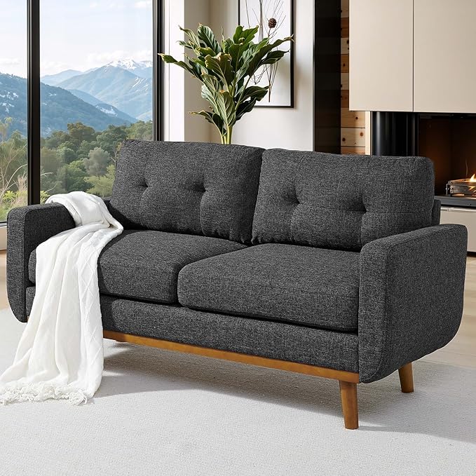 68“ Mid Century Modern Loveseat Sofa for Small Living Room Rraditional 2 Seater Couch for Office Apartment Bedroom Mini|Small|Vintage|Wood Frame|Chenille Fabric|600 LBS|Tufted (Dark Grey)