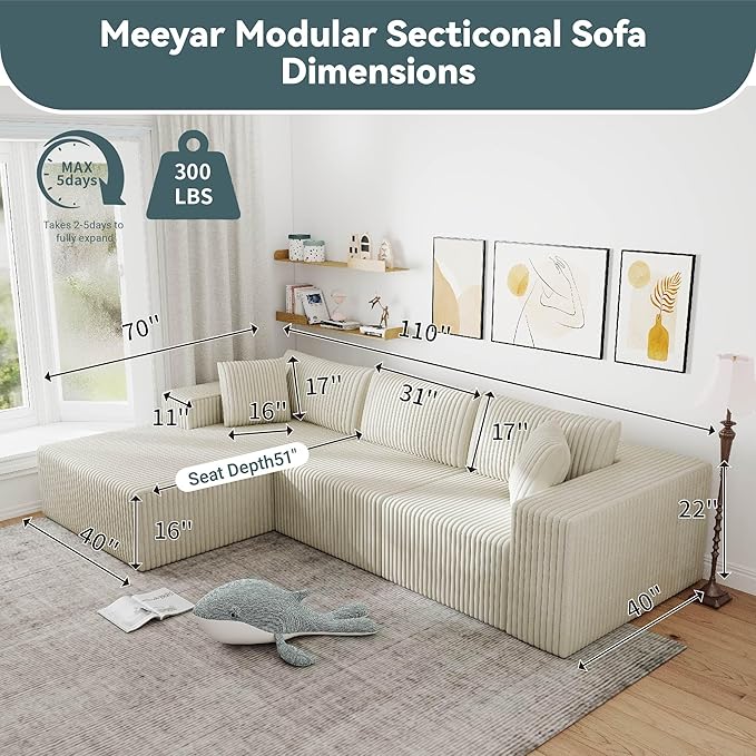 110 Cloud Modular Sectional Sofa with L-Shaped Chaise Deep Seat Fluffy Boneless Couch No Assembly Required for Living Room and BedroomBeige | sofa&ampcouch boneless couch sofa for living room