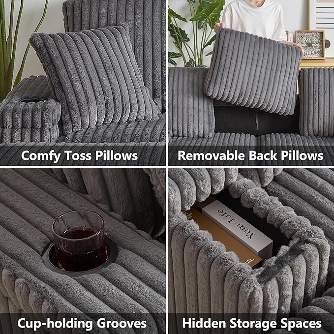 Aoowow 84 Corduroy Oversized 3-Seater Sofa with 2 Ottomans Modular Sectional Deep Seat Sofa with Back and Toss Pillows Modern Comfy Sofa with 2 Storage Spaces and Cup Grooves for Living Room Grey