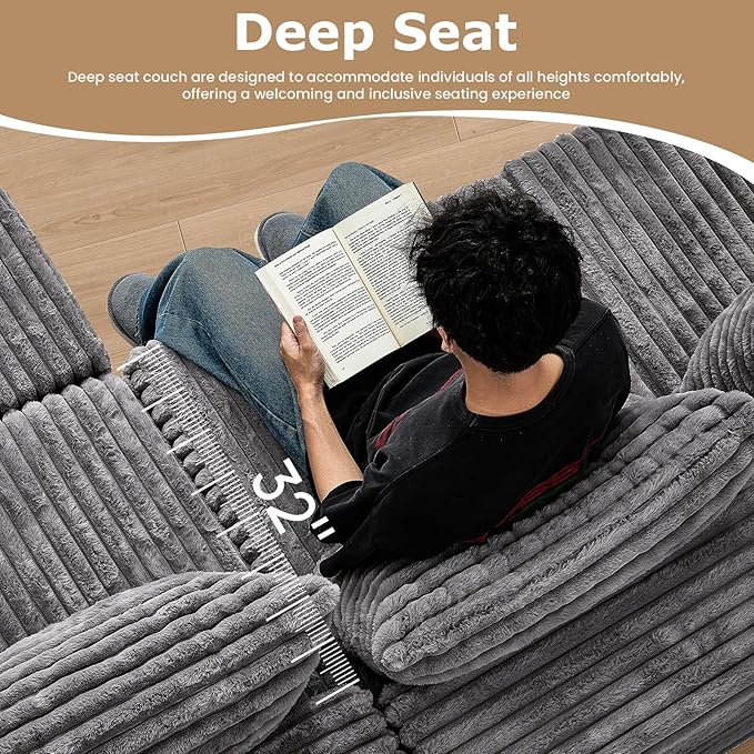 104 Inch Cloud Couch SectionalCorduroy Boneless Couches for Living RoomL-Shaped Modular Sectional Sofa with Removable Ottoman and Deep SeatNo Assembly RequiredGrey