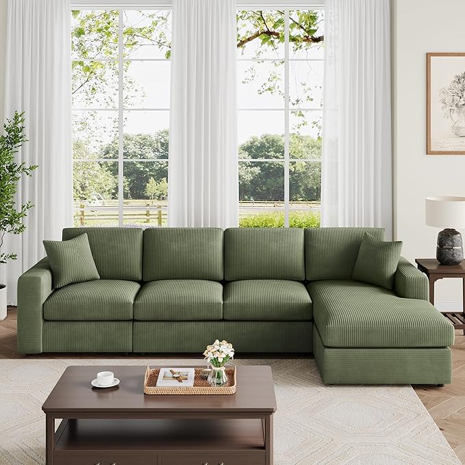 VANOMi 119 L-Shaped Sectional Sofa with Reversible Chaise Modern Corduroy Couch with Deep Seats 4-Seater Upholstered Sofa for Living Room or Apartment Green