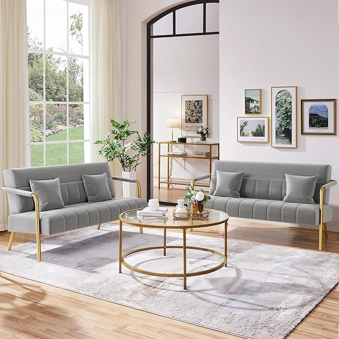 Yaheetech 56.5 W Modern Sofa Small Sofa Luxurious Velvet Fabric Couch with Gold-Tone Metal Arms and Legs for Living Room Home Office Studio Light Gray