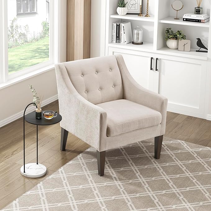 Lexicon Living Room Accent Chair Textured Fabric Upholstered Arm Chair with Button Tufted Back Sloped Arms and Wooden Legs Beige