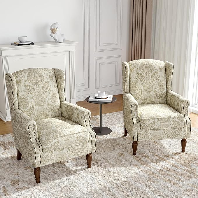 Wingback Accent Chairs Set of 2 High Back Upholstered Armchair Printed Fabric Wingback Arms Chairs with Wood Legs Single Sofa Reading Chair for Bedroom Living Room White
