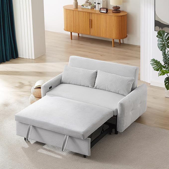 Merax Pull-Out Sofa Bed with Adjustable Backrest and Two Throw Pillows 2 Seat Loveseat Lounge &amp Type C and USB Ports 3 in 1 Convertible Sleeper Couch for Living Room Light Blue