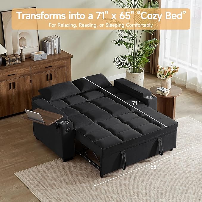 65 Sleeper Sofa Bed Loveseat Convertible Couch for Living Room RV Sofa with Adjustable Backrest Chaise Lounge Side Table USB &amp Type-C Ports