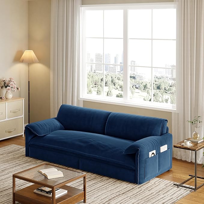 healthomse 66 Queen Size Sleeper Sofa Bed 3-in-1 Convertible Pull Out Sofa Bed with Side Storage Modern Velvet Loveseat for Living Room Bedroom Apartment Office Lounge (Dark Blue 66inch)