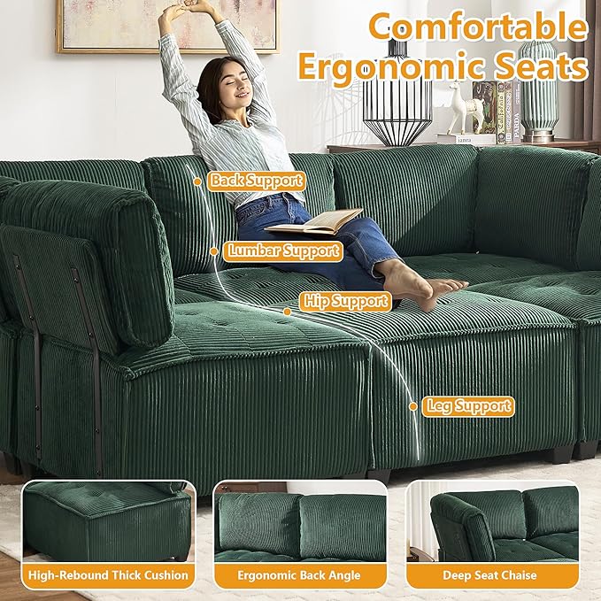 121 U Shaped Modular Sectional Sofa Couch 6 Seat Convertible Upholstered Deep Seat Sleeper Sofa with Chaise Lounge Cloud Couch for Living Room Green