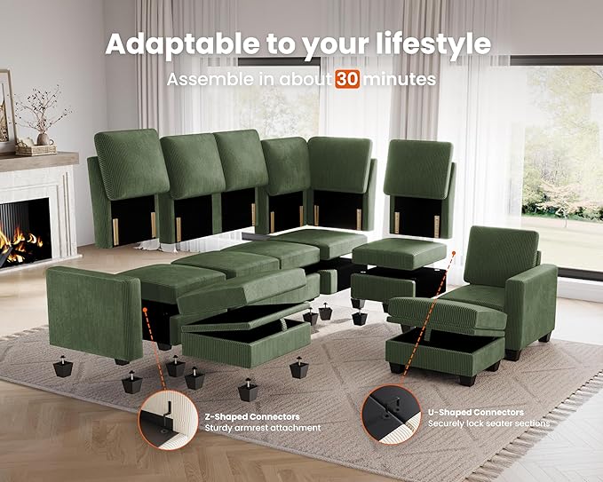 CHIC HOUSE Middle Module for Modular Couch Corduroy Customizable Chaise Storage Ottoman for Sectional Sofa Armrest Single/Double Seater