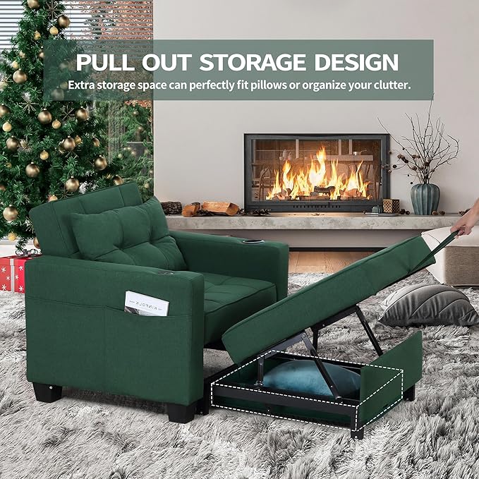 DURASPACE Futon Sofa Bed 3 in 1 Convertible Sofa Chair Bed Adjustable Backrest Chair Chaise Lounge with USB Ports Cup Holder Side Pocket Storage Box (Green)