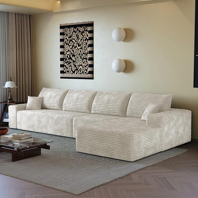 135.4 Boneless Couches for Living Room Modular Sectional Sofa with Oversized Chaise L-Shape Cloud Couch with Deep Seat High-Density Memory Foam No Assembly Required (White Right Facing Chaise)