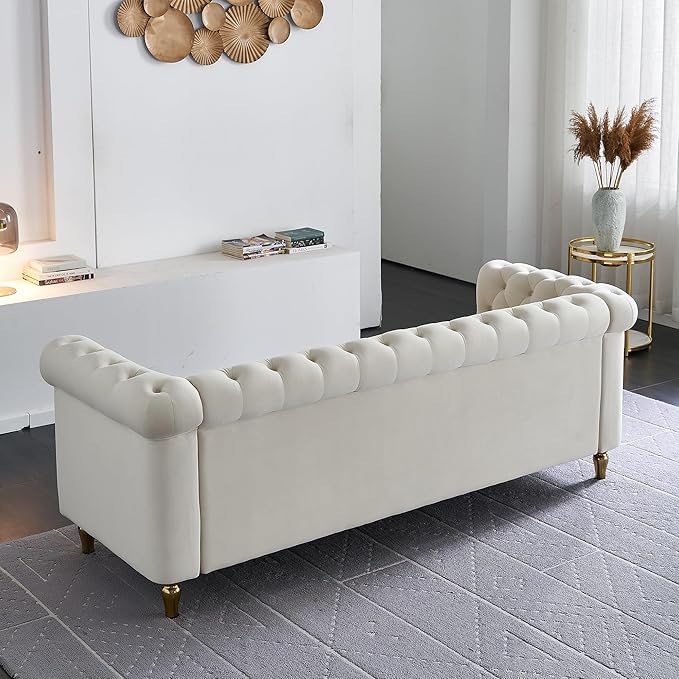 Homtique 84 Modern Sofa Couch for Living Room 3 Seater Couch Comfy Velvet Sofa Button Tufted Rolled Arms and Gold Legs Chesterfield for Home Studio/Office Bedroom Beige