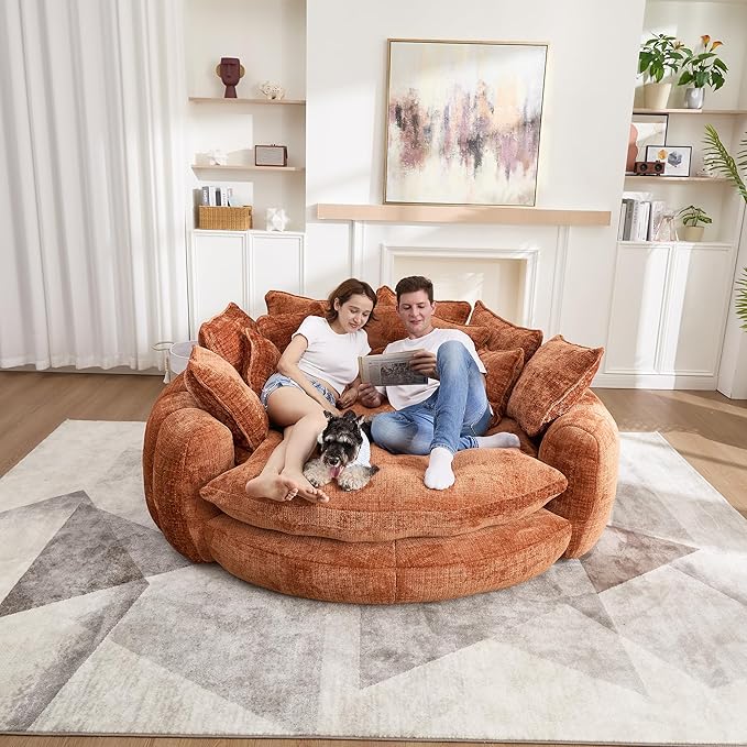 81 Round Sofa Bed Big Bean Bag Round Chaise Lounge Oversized Round Couch Boneless Reading Chair Plush Fluffy Chenille Large Chaise Chair for Living Room Bedroom Apartment Orange