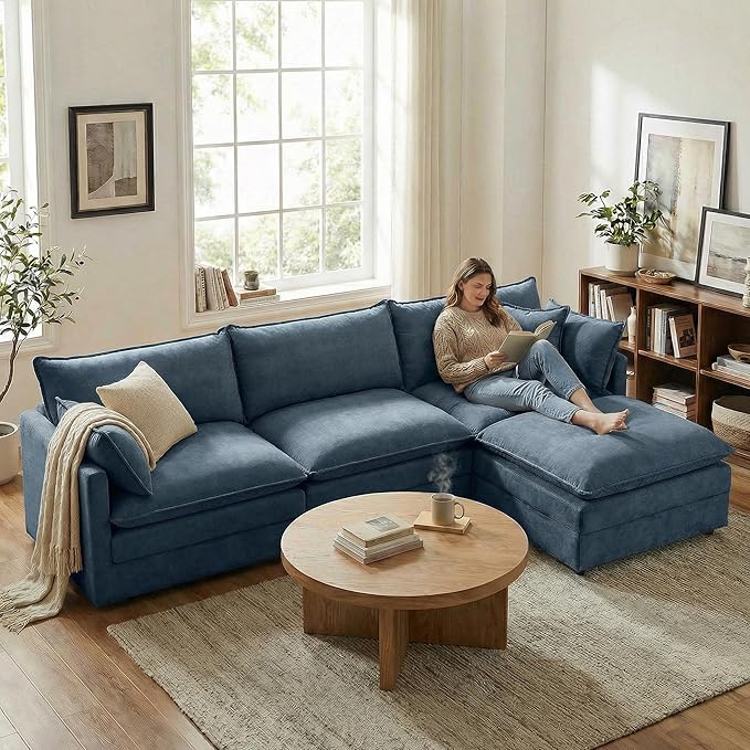 Homy Casa 102 Inch L Shaped Couch Set3-Seat Sectional Sofa with Chaise Comfortable Chenille Fabric Removable Cushions Ottoman DIY CombinationModern Design for Living/Family Room (Blue)