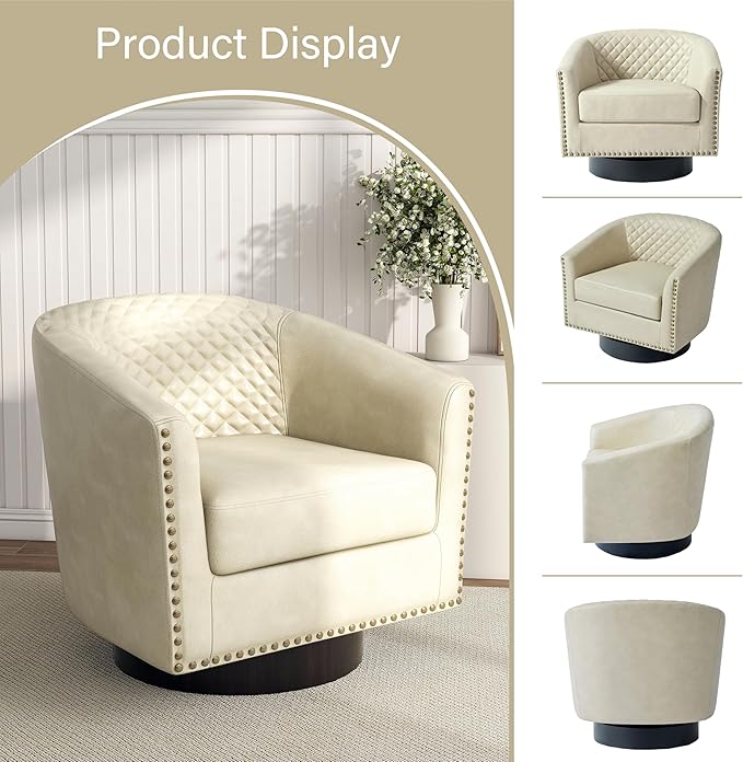 Pia Ricco Faux Leather Swivel Barrel Accent Chairs Set of 2 360° Swivel Round Single Sofa Chair Comfy Upholstered Club Armchair with Nailhead Trim for Living Room/Reading Room/Bedroom Beige