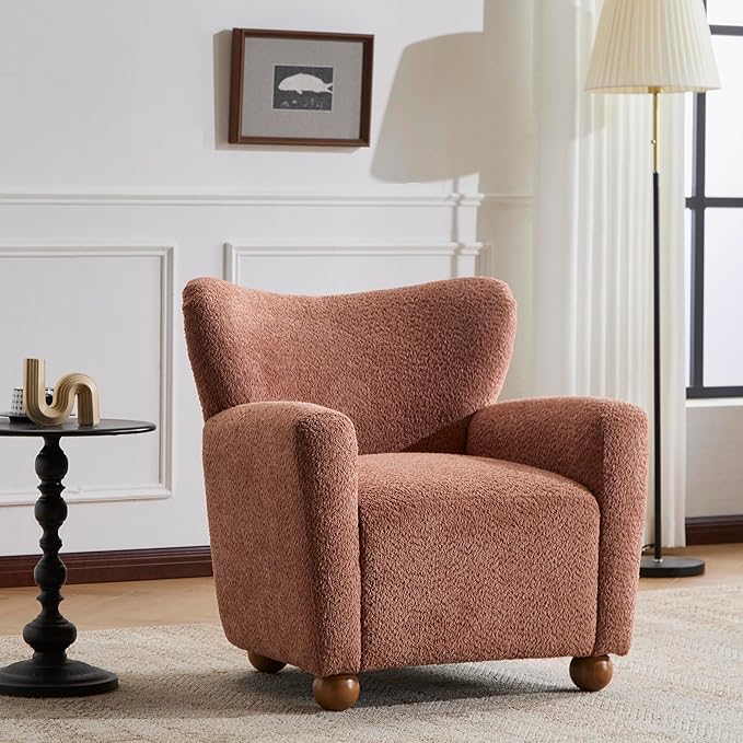Christopher Knight Home Lindy Wingback Accent Chair Upholstered Armchair with Rounded Wooden Legs Curved Backrest Single Sofa Soft Cushion Seating Comfy Lounge Chair for Living Room Dusty Coral