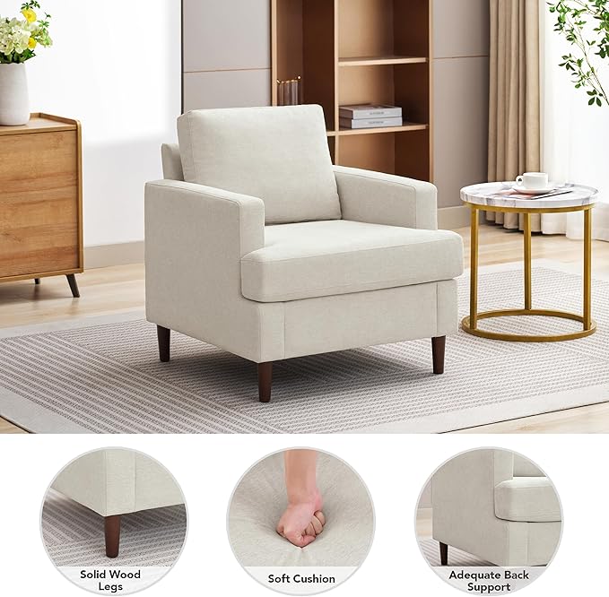 Mid-Century Accent ChairModern Linen Fabric Armchair for Living RoomComfy Upholstered Reading Accent Chairs for BedroomSingle Sofa Chair with Wood Legs (Beige 1 Pack)