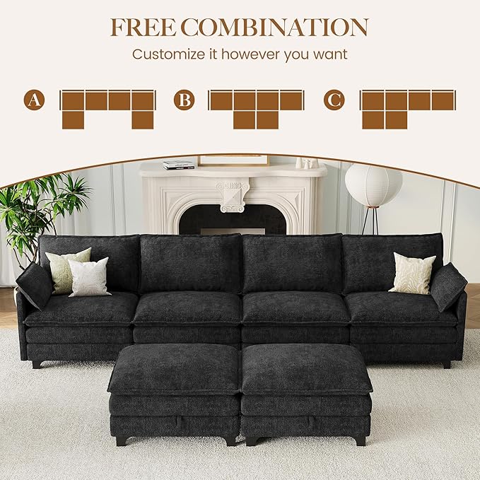 140 U-Shaped Modern Modular Sectional Sofa Chenille Cloud Couch with Storage Ottoman Deep Seat Couches with Side Pocket for Living Room Bedroom and Apartment Dark Grey
