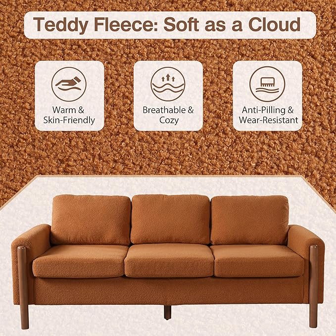 Merax 83.86 3-Seater Sofa Curved Armrest with Integrated Solid Wood Legs Teddy Velvet Fabric High Weight Capacity (250 lbs/seat) Durable Solid Wood Frame Orange
