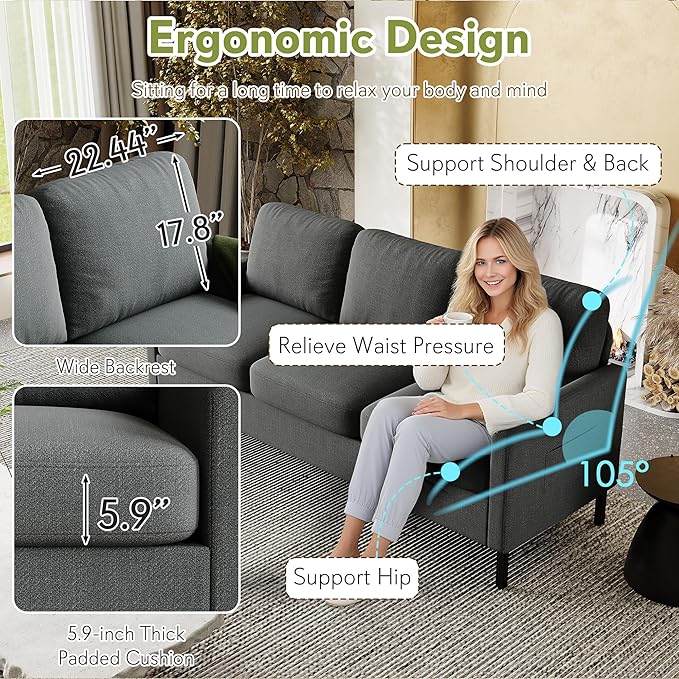 STHOUYN Modern 3-Piece Living Room Set 72 Grey 3 Seater Couch and 56 Loveseat with USB Ports Small Couch and Chair Set for Small Space Apartment Office (Grey 1 Chair + 1 Loveseat + 1 Couch)