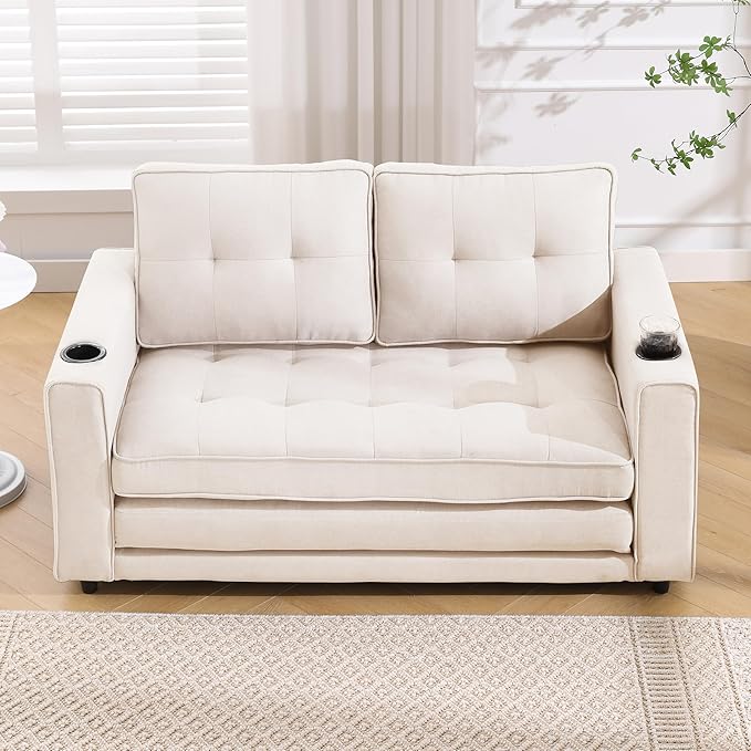 Ball &amp Cast 3-in-1 Folding Floor Sofa BedMulti-Functional 2 Seater Pull Out Couch with Side Pockets and Cup HoldersMordern Foldable Tufted Loveseat for Living Room Office ApartmentBeige