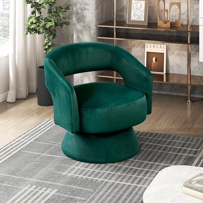 Lexicon 360 Degree Swivel Accent Chair Modern Comfy Velvet Round Barrel Chair Open Back Plush Foam Cushions Metal Swivel Base for Living Room/Bedroom/Office Green
