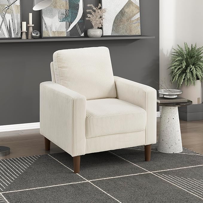 Lexicon Modern Accent Chair Corduroy Fabric Upholstered Armchair with Brown Legs Track Arms Single Sofa Chair for Living Room/Bedroom/Office/Waiting Room Beige