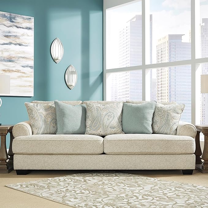 Signature Design by Ashley Monaghan Vintage Sofa with Accent Pillows Reversible Cushions and Rolled Arms Beige